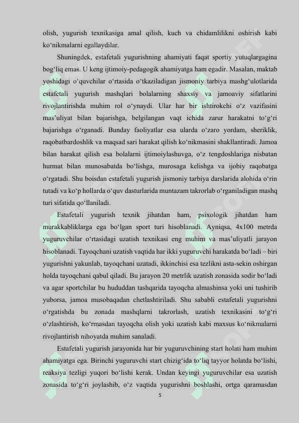 Estafetali yugurish turlar texnikasini o‘rgatish.(4x100 metr) 5