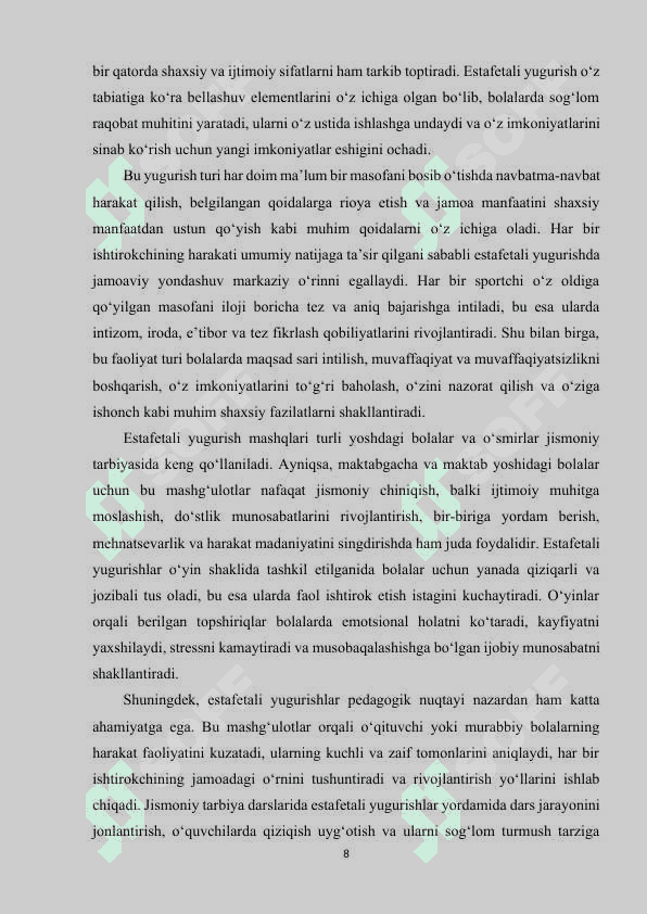 Estafetali yugurish turlar texnikasini o‘rgatish.(4x100 metr) 8