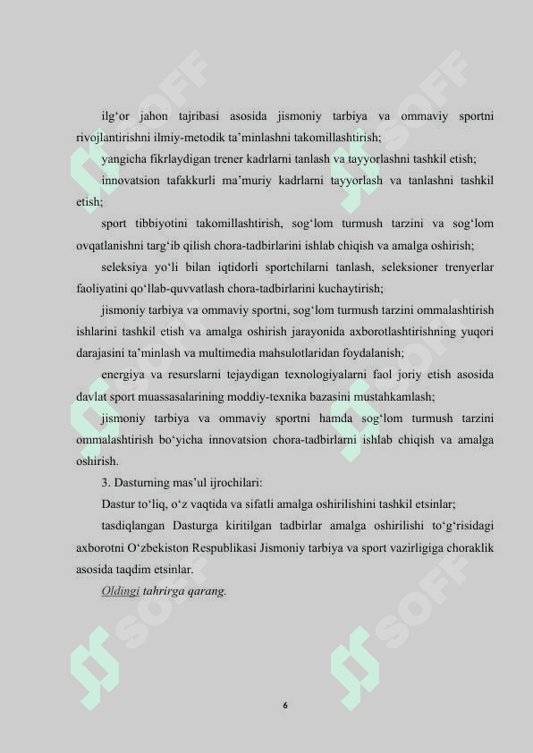 Jismoniy tarbiya va sportni rivojlanishida o’zbekiston respublikasi prezidenti farmonlari va vazirlar maxkamasining qarorlarining o’rni va ahamiyati 6