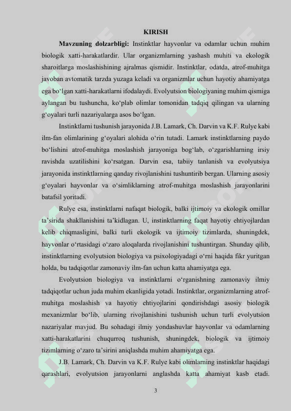 Evolyutsion bilimlar nuqtai nazarida instinktlarni oʻrganish (J. B. Lamark,  K.F Rule Ch. Darvin) 3