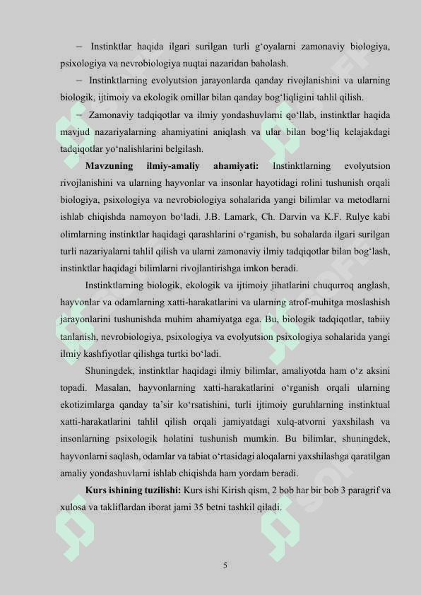 Evolyutsion bilimlar nuqtai nazarida instinktlarni oʻrganish (J. B. Lamark,  K.F Rule Ch. Darvin) 5