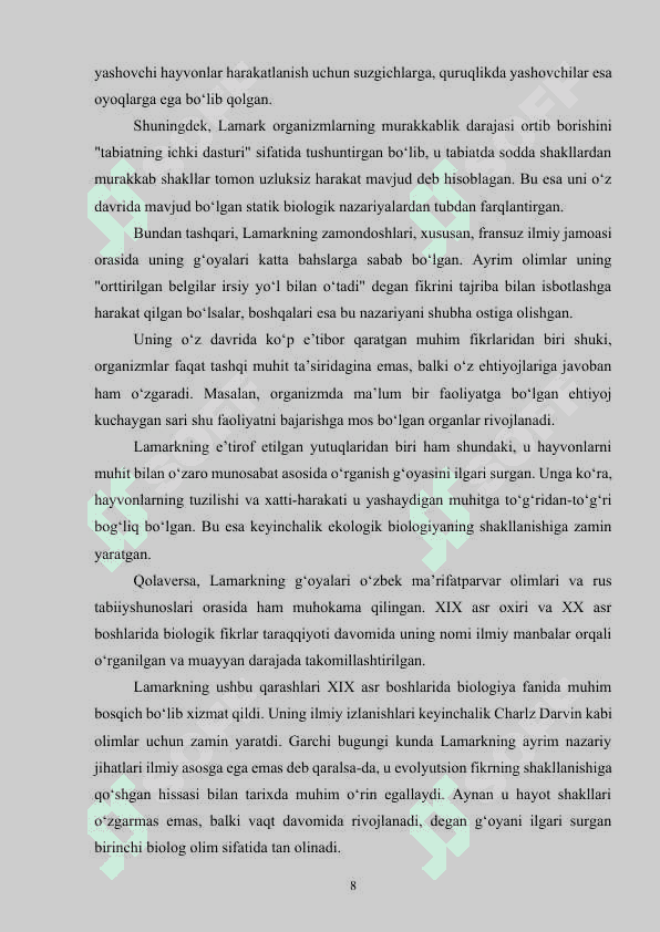 Evolyutsion bilimlar nuqtai nazarida instinktlarni oʻrganish (J. B. Lamark,  K.F Rule Ch. Darvin) 8