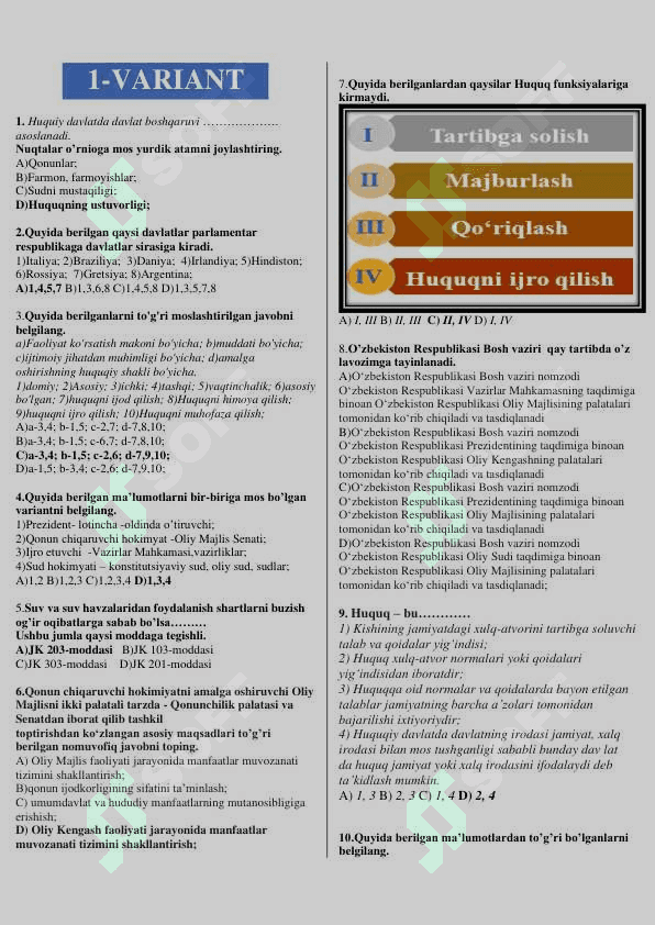 Davlat va huquq asoslari fanidan ehtimoliy testlar toʻplami 2