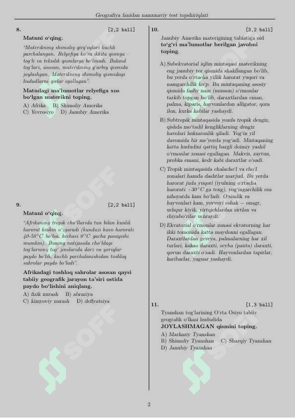 Geografiya fanidan namunaviy test savollari 2