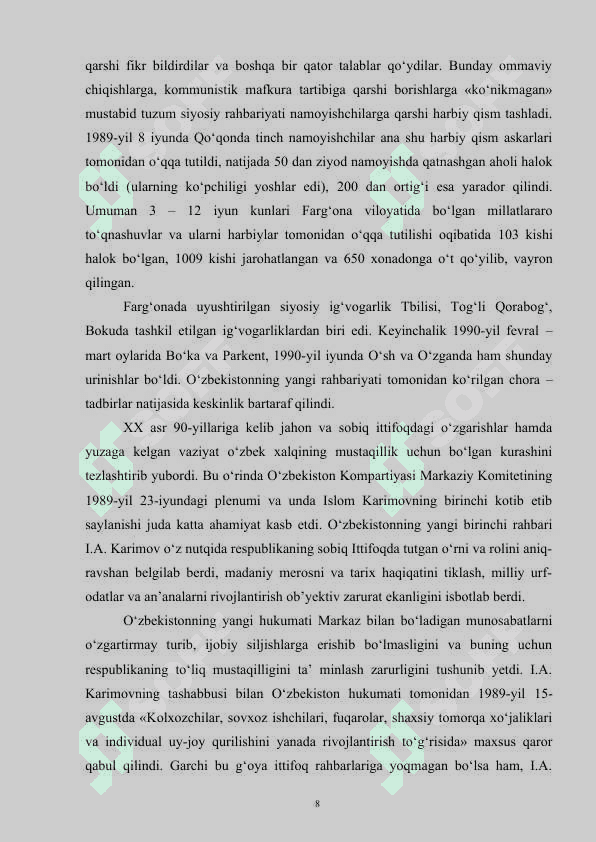 O‘zbekiston mustaqillik yo‘lida (1985-1989-yillar). 8