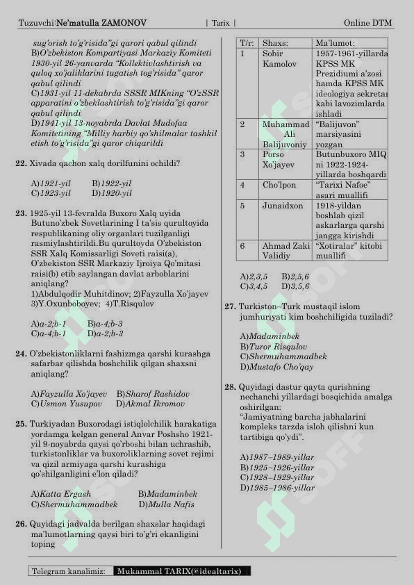 10-sinf Oʻzbekiston tarixi fanidan DTM testlari 4