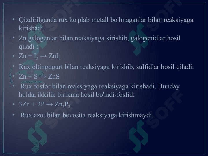 Rux,kadmiy,simob va uning birikmalari,sanoatdagi ahamiyati 8