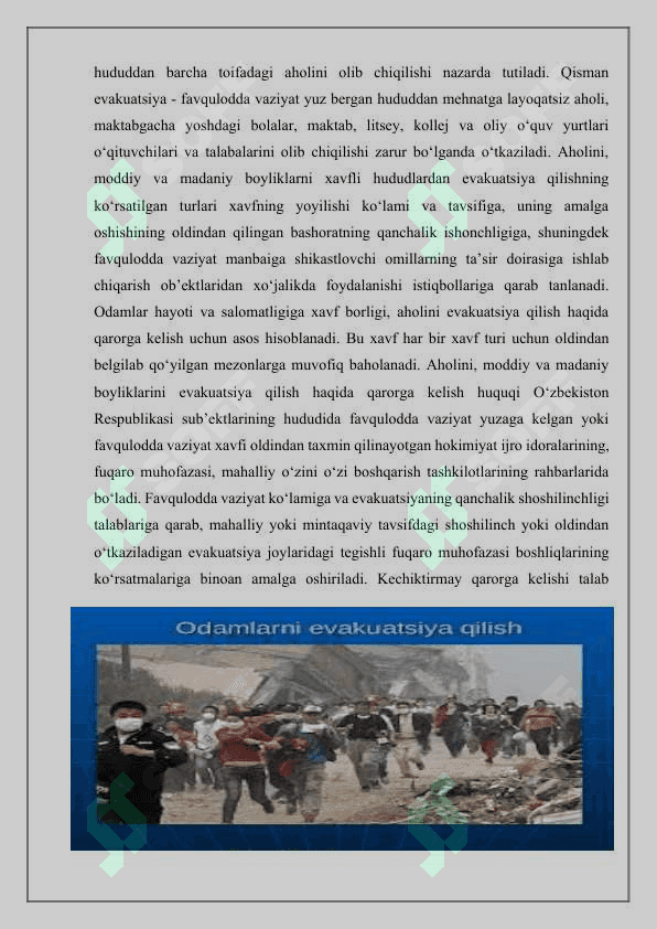 Sel kelishi mumkin bo'lgan hududlarda evakuatsiya tadbirlarini tashkil etish 6