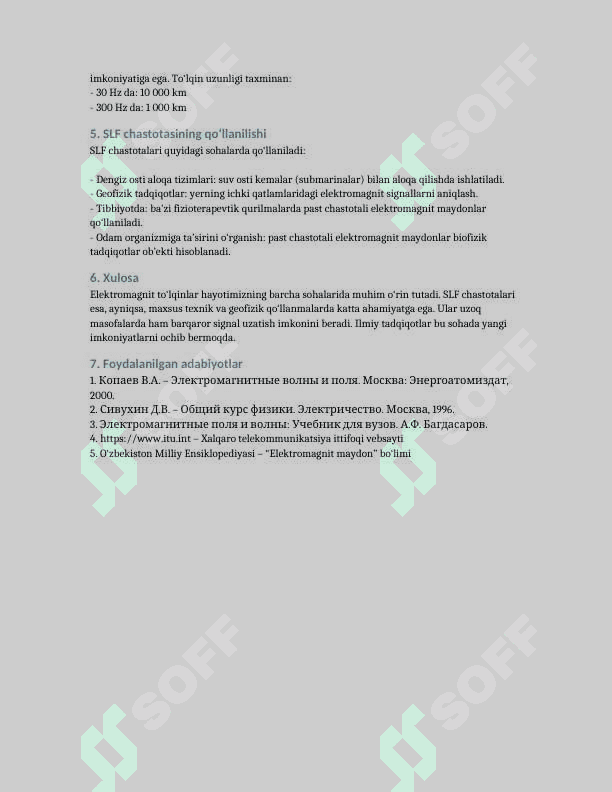 Quyida “Elektromagnit maydonlar va to‘lqinlar asoslari. Chastotalar turlari (SLF – 30–300 Hz)” mavzusida mustaqil ish namunasi keltirilgan. Hujjat rejali, ilmiy-texnik tilda yozilgan va amaliy ahamiyatga ega bo‘lgan ma’lumotlarni o‘z ichiga oladi. 2