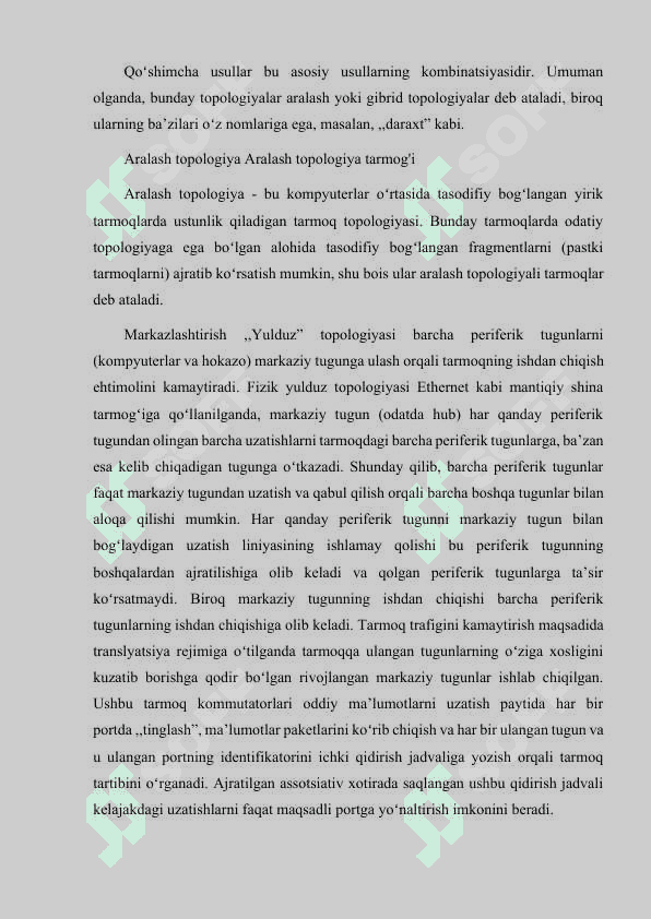 TARMOQ TOPOLOGIYALARI:BESH, YULDUZ, DARAXT, SHINA, HALQA TCP/IP VA OSI MODELLARNING KOMPYUTER TARMOQLARINI QURISHDA O'RNI. TARMOQ STANDARTLARINI TARTIBGA SOLUVCHI QO'MITALAR. 8