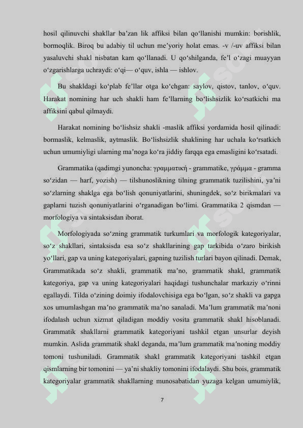 HARAKAT NOMLARINING GRAMMATIK SHAKLLARI VA SINTAKTIK VAZIFALARI. 7