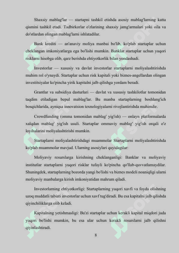 STARTAPLARNI MOLIYALASHTIRISH IMKONIYATLAR VA MUAMMOLARI. 8