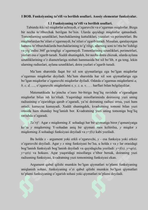 Funksiyaning ta’rifi va berilish usullari. Asosiy elementar funksiyalar. 6