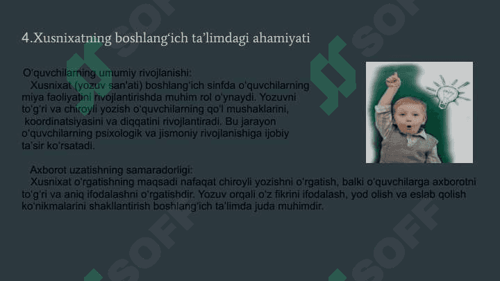 Boshlang’ich sinf o’quvchilarini husnixatga o’rgatishning metodik shartlari qand 2