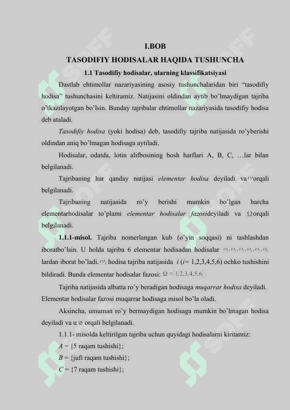 Elementar hodisalar fazosi va hodisalar algebrasi 6