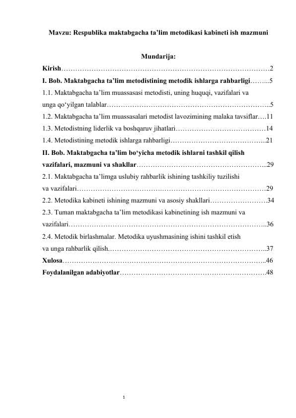 Respublika maktabgacha ta'lim metodikasi kabineti ish mazmuni