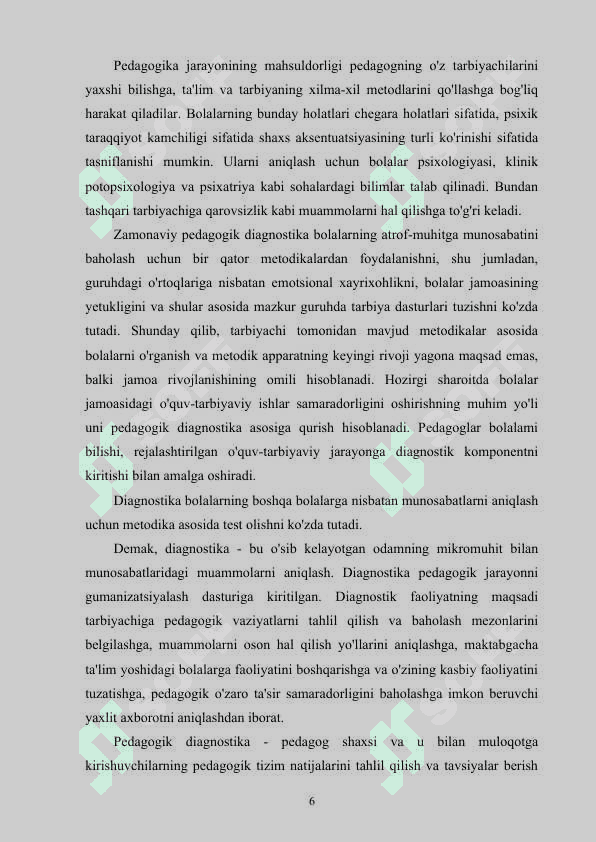 Maktabgacha ta’lim pedagogik jarayonini tashkil etishda pedagogik diagnostkani  o‘tkazish va  test metodidan foydalanishning pedagogik asoslari 6