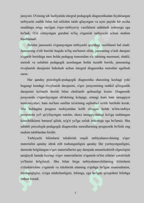 Maktabgacha ta’lim pedagogik jarayonini tashkil etishda pedagogik diagnostkani  o‘tkazish va  test metodidan foydalanishning pedagogik asoslari 7