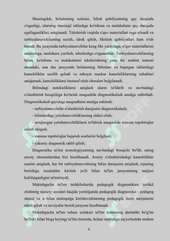 Maktabgacha ta’lim pedagogik jarayonini tashkil etishda pedagogik diagnostkani  o‘tkazish va  test metodidan foydalanishning pedagogik asoslari 8