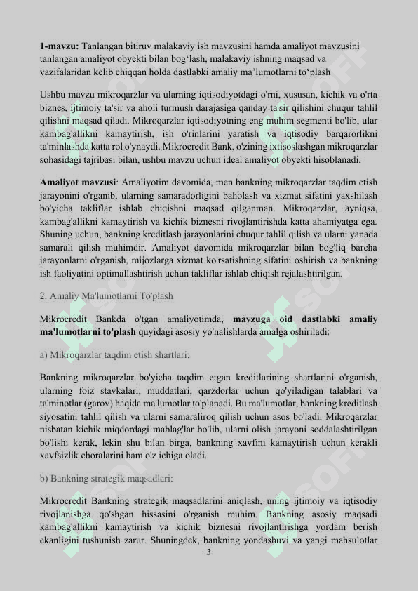 Bitiruv malakaviy amaliyot daftari. MIKROKREDIT BANK 3