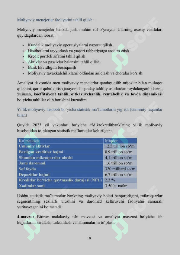 Bitiruv malakaviy amaliyot daftari. MIKROKREDIT BANK 8