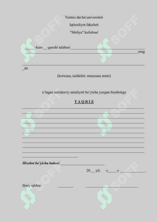 Moliya tashkiloti amaliyot hisoboti 2