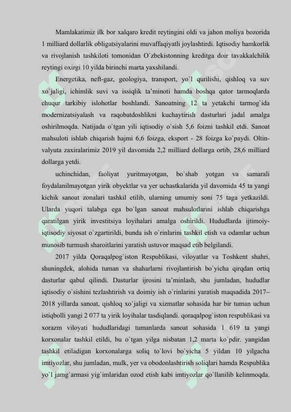 O`zbekiston Respublikasi Prezidenti Sh.M. Mirziyoyev tomonidan ijtimoiy - iqtisodiy islohotlarni yanada jadallashtirilishi 5