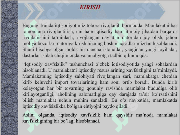 MAMLAKATNING IQTISODIY XAVFSIZLIGINI TA'MINLASH 4