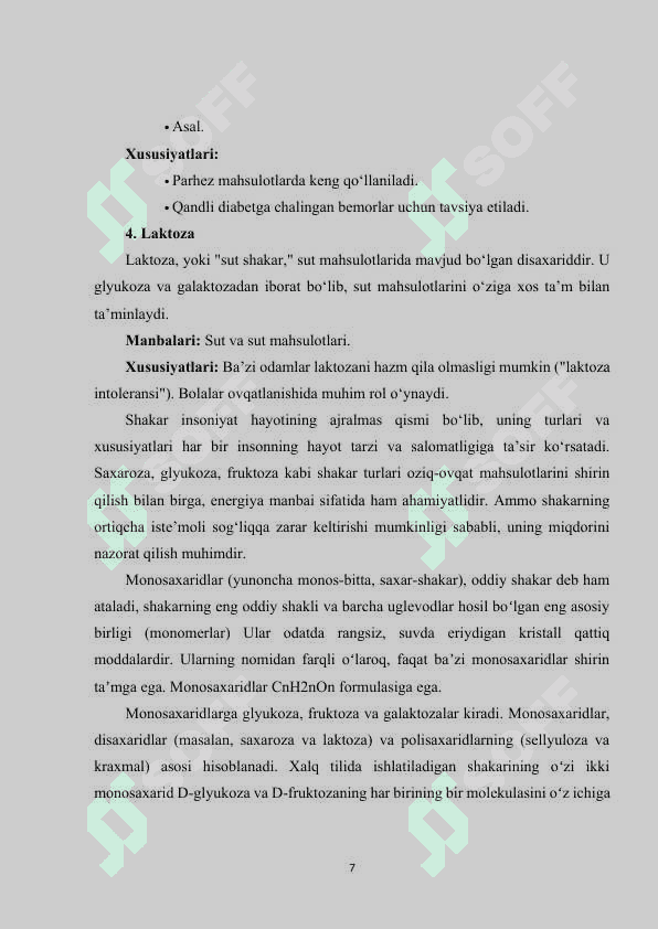 Shakarning inson organizmidagi ro‘li 7