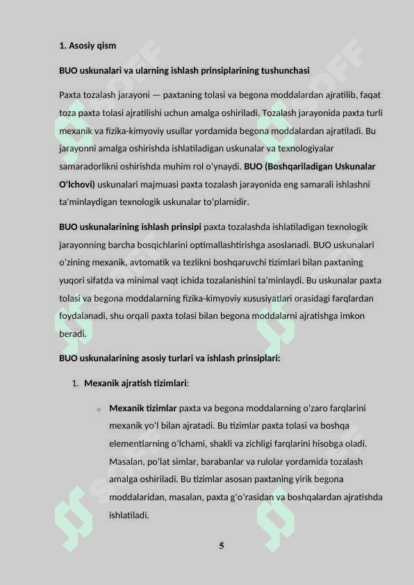 O'rta tolali paxtalar uchun tozalash tsexidagi BUO uskunalari majmuasi tozalash samaradorligini hisoblash 5