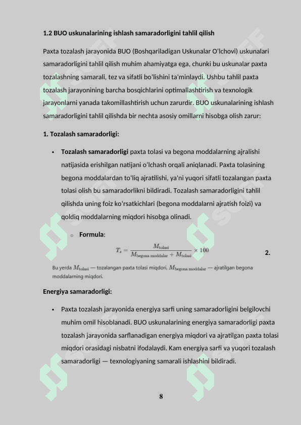 O'rta tolali paxtalar uchun tozalash tsexidagi BUO uskunalari majmuasi tozalash samaradorligini hisoblash 8