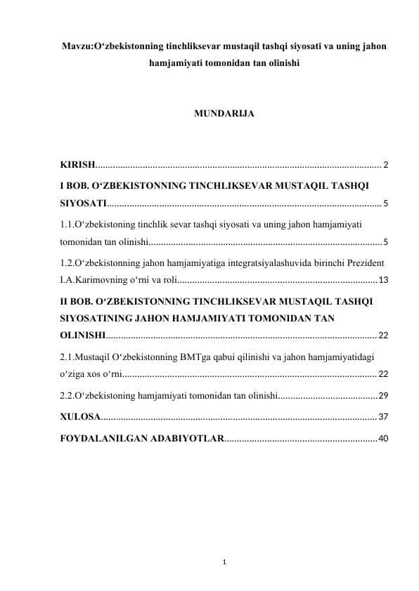 Oʻzbekistonning tinchliksevar mustaqil tashqi siyosati va uning jahon hamjamiyati tomonidan tan olinishi