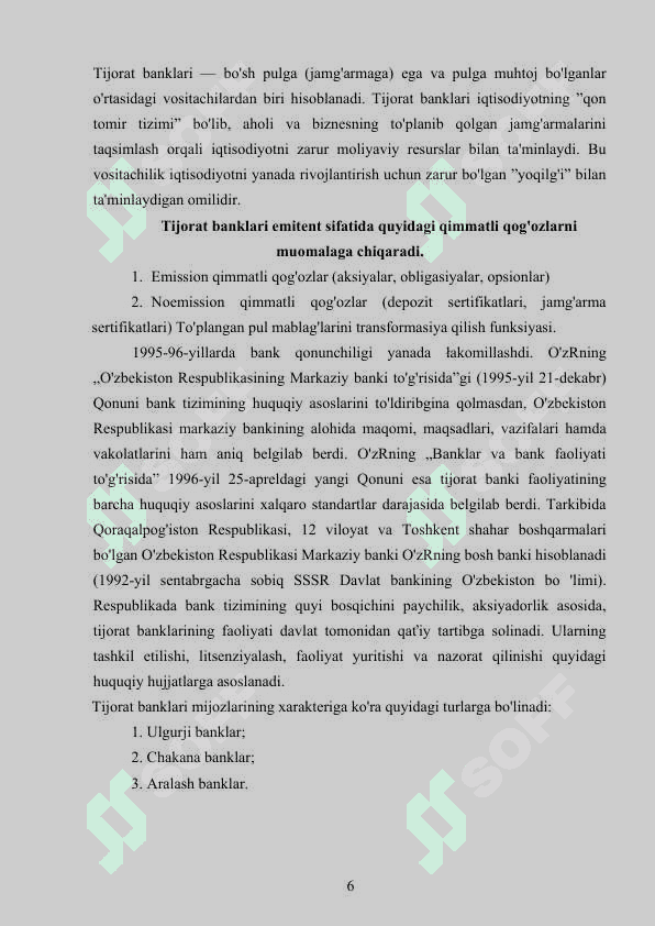 Tijorat banklari va ularning faoliyatini rivojlantirishning asosiy yo' nalishlari 6
