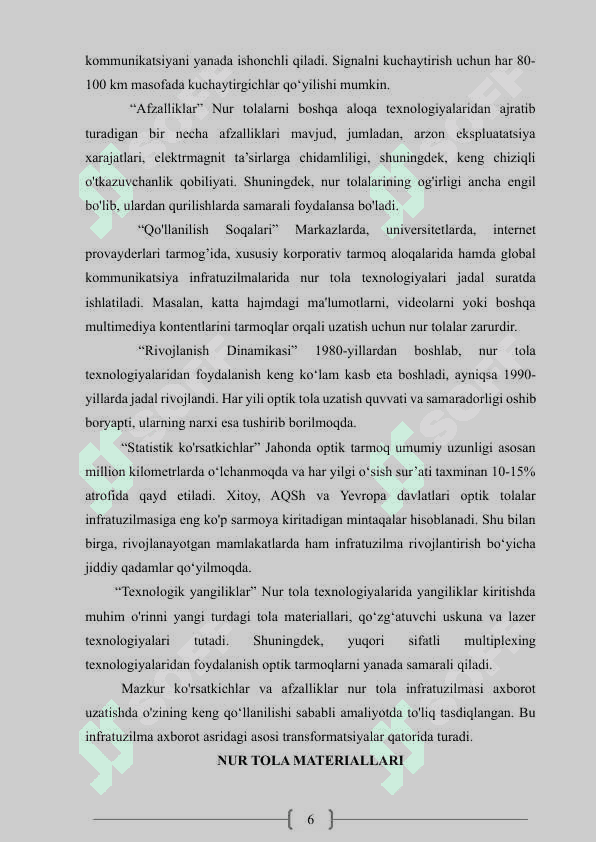 NUR TOLA OPTIKASI VA UNING ALOQA TIZIMIDAGI O‘RNI. 6