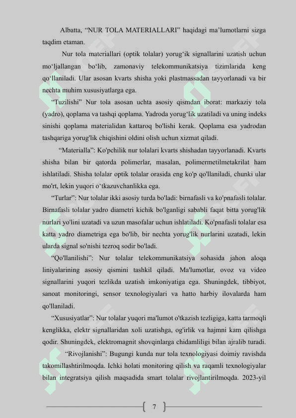 NUR TOLA OPTIKASI VA UNING ALOQA TIZIMIDAGI O‘RNI. 7
