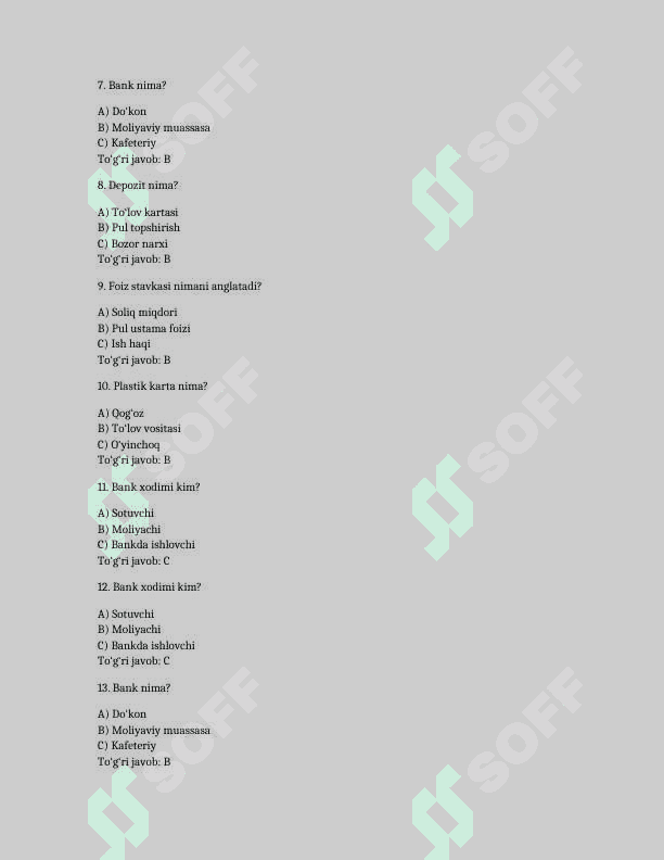 Bank ishi 2000 talik test javoblari bilan 2