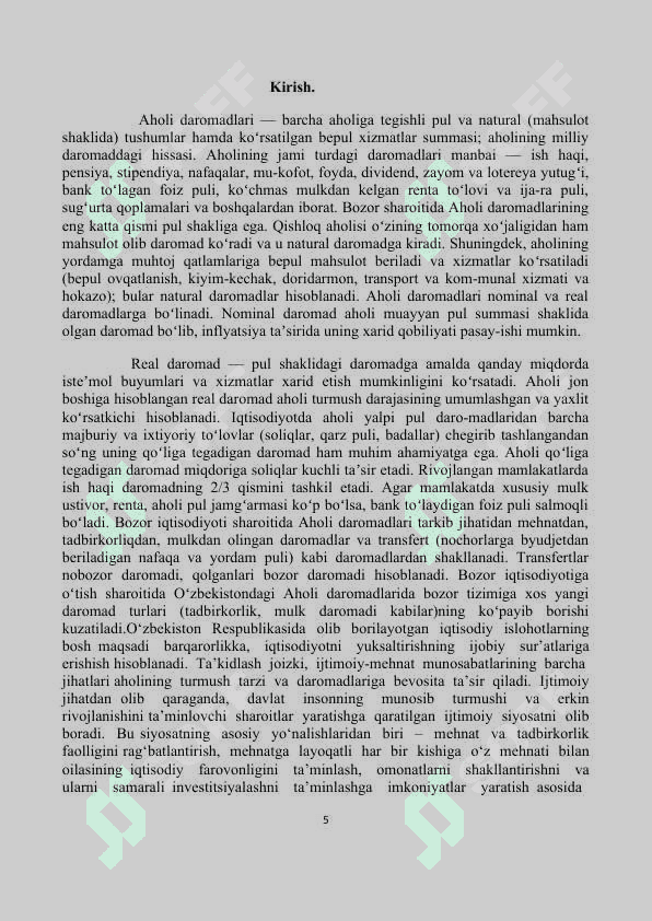 Aholi daromadining mazmuni, turlari va shakllanish manbalari. Davlatning ijtimoiy siyosati. 5