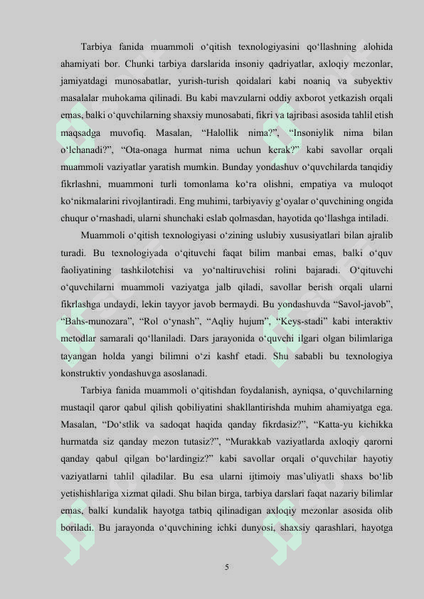 TARBIYA FANINI O‘QITISHDA MUAMMOLI O‘QITISH TEXNOLOGIYALARI 5