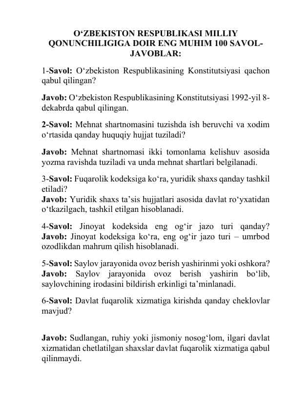 O‘ZBEKISTON RESPUBLIKASI MILLIY QONUNCHILIGIGA DOIR ENG MUHIM 100 SAVOL-JAVOBLAR