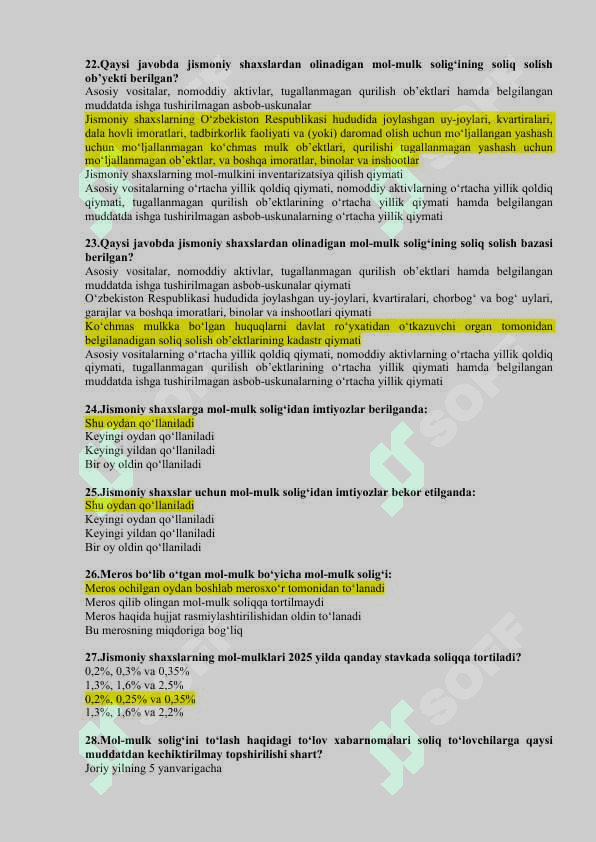 soliq testlar javoblari 4