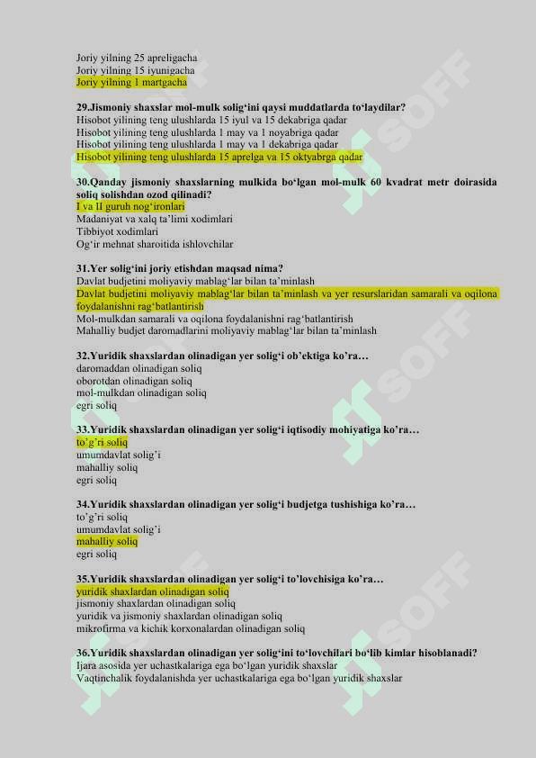 soliq testlar javoblari 5