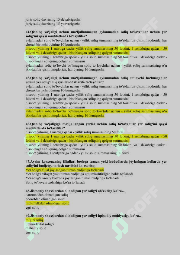 soliq testlar javoblari 7