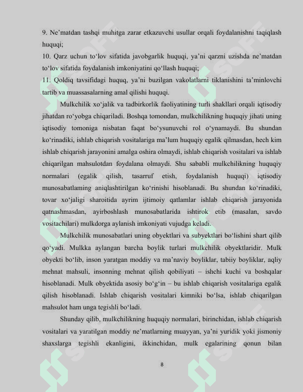Mulkchilik munosabatlari mohiyati va ularning huquqiy-iqtisodiy jihatlari. 8