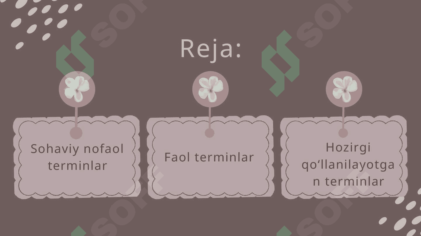 Sohaning faol va nofaol terminlari. O'zbek tilining sohada qo'llanilishi fanidan. 3