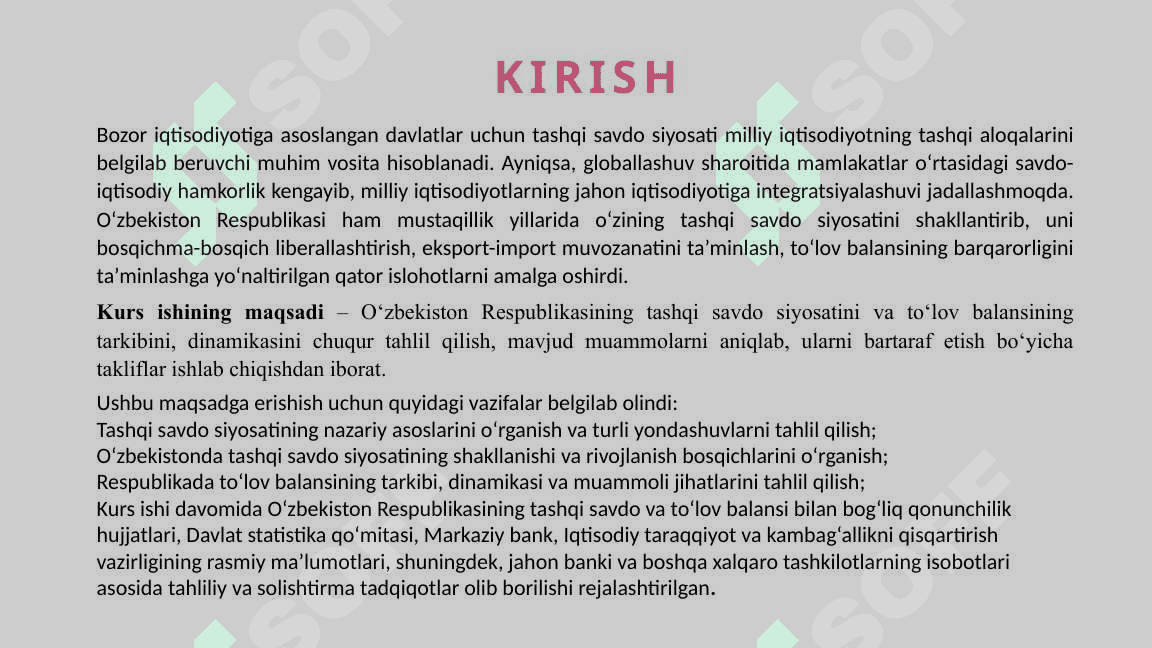 O'zbekiston Respublikasining tashqi savdo siyosati. To'lov balansi 2