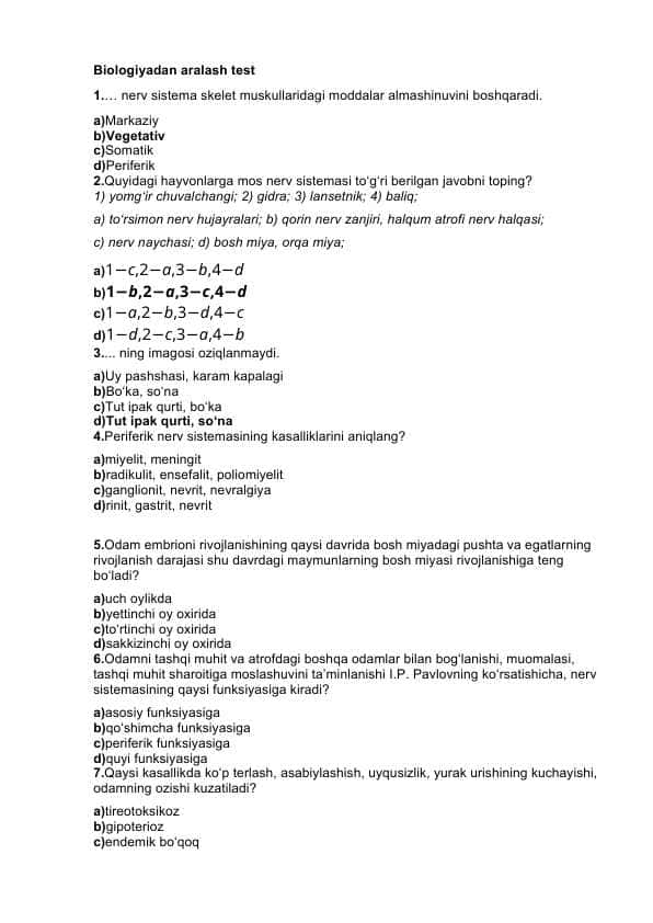 biologiyadan aralash test 20 ta
