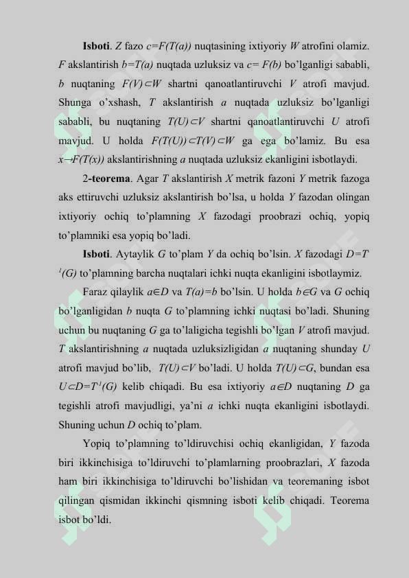 UZLUKSIZ AKSLANTIRISHLAR: TA’RIFI VA MISOLLAR. UZLUKSIZLIK HAQIDAGI TEOREMALAR. UZLUKSIZ AKSLANTIRISHLARDA BOG’LANISHLI VA KOMPAKT FAZALARNING SAQLANISHI 5