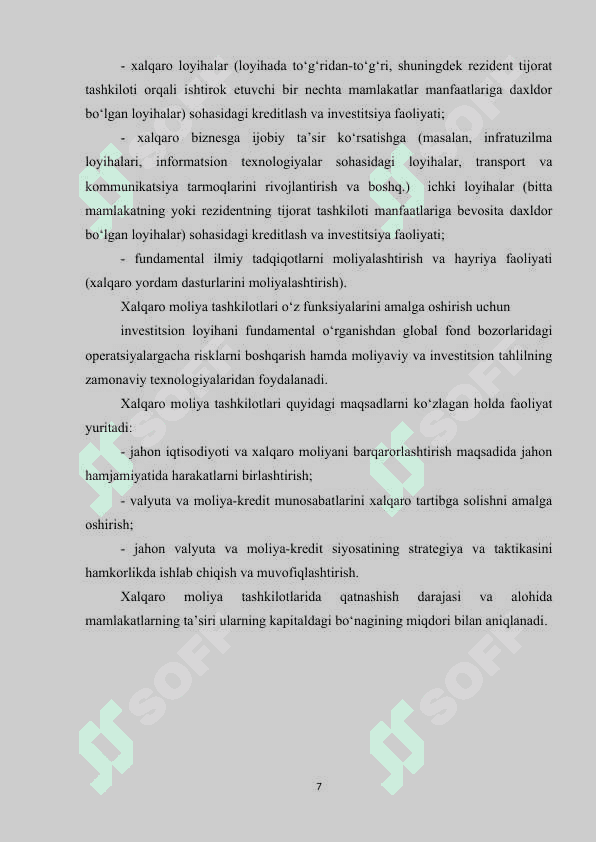 Xalqaro moliya tashkilotlari va ularning xalqaro moliya munosabatlardagi o‘rni. 7