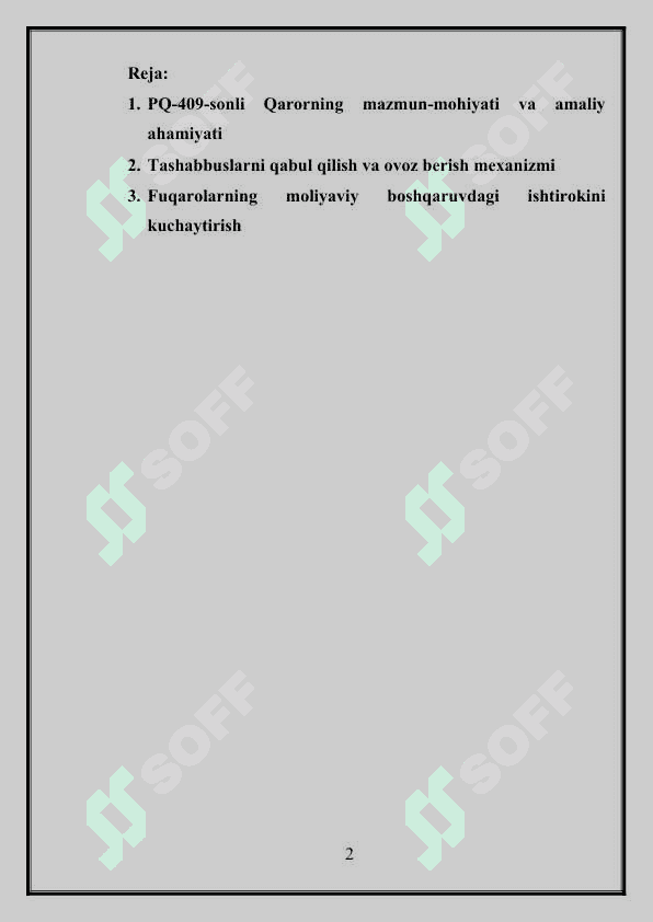 2022-yil 25-oktabrdagi “Jamoatchilik fikri asosida shakllantiriladigan loyihalarni moliyalashtirish ko‘lamini kengaytirish chora-tadbirlari to‘g‘risida”gi PQ-409-son Qarоr bilan amaliyotga joriy etilgan yangiliklar 2
