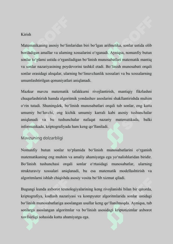 Mavzu: Nomanfiy butun sonlar toplamida bolinish munosabatlari. Kurs ishi 2